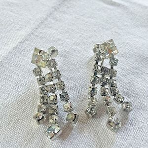 Vintage 1940s Rhinestone Drop Statement Earrings - Silver Tone Clip-Ons - Formal